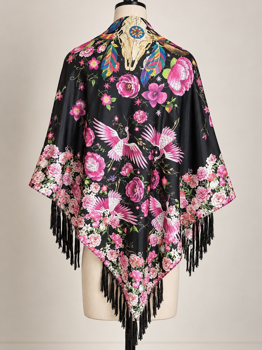 JOHNNY WAS Nerissa 100% Silk Scarf Longhorn Skull, Pink Floral & Birds